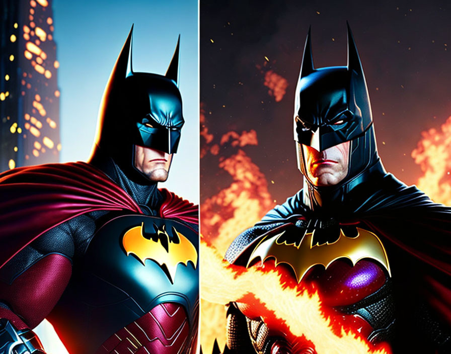 Two Batman versions in different suits and styles against fiery backdrop