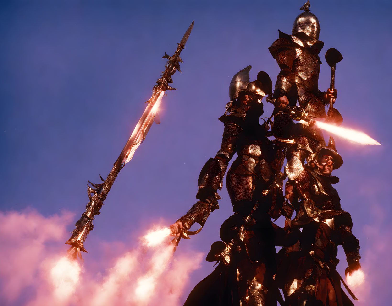 Armored knights with weapons under twilight sky