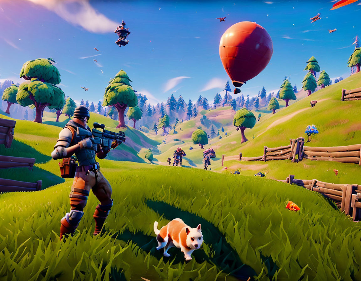 Colorful Cartoon-Style Landscape with Character, Rifle, Dog, Hot Air Balloon, and Players