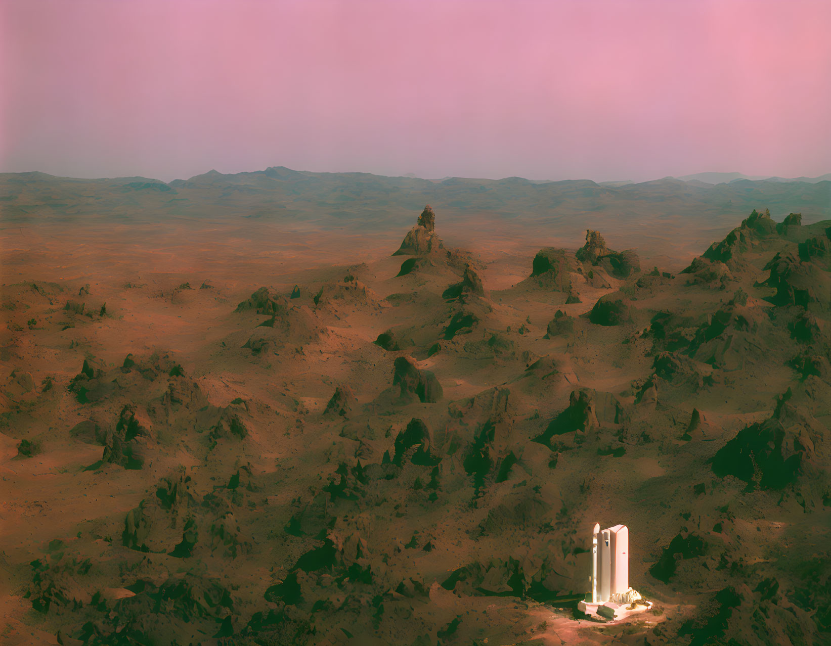 Barren Martian landscape with pink sky and white monolith