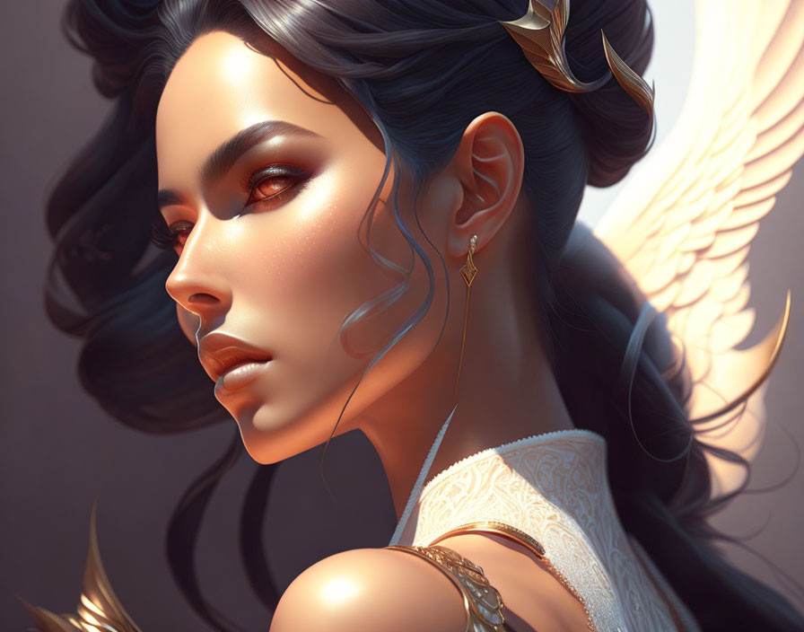 Digital Artwork: Woman with Angelic Features, Golden Accessories, White Wing