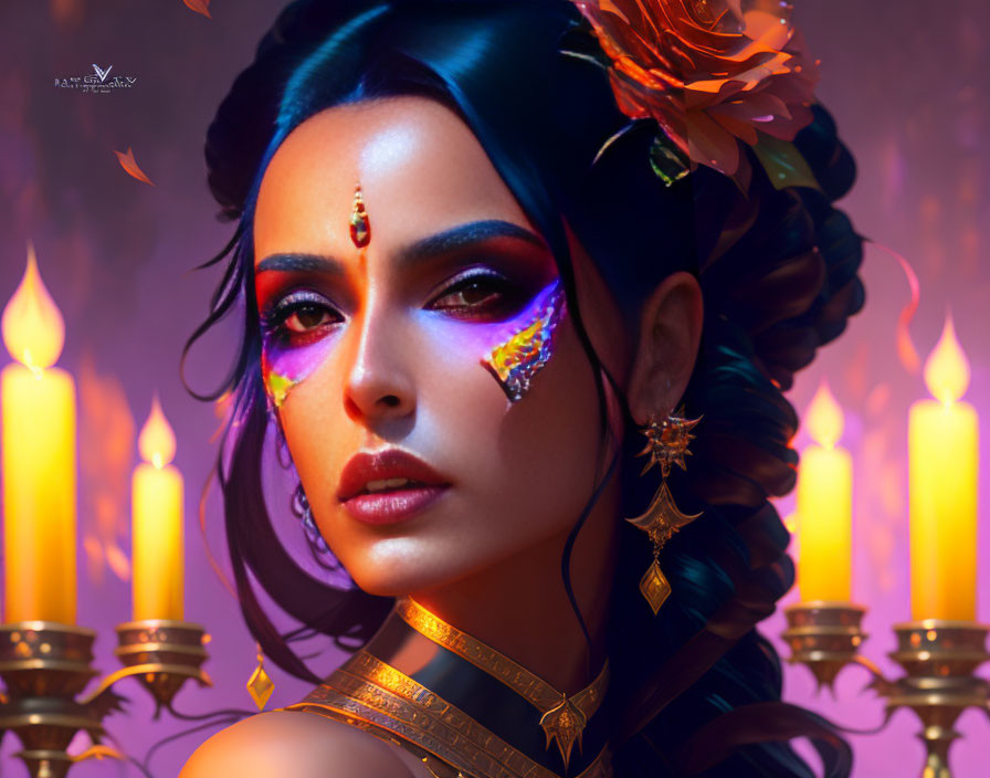 Portrait of woman with vibrant eye makeup, ornate jewelry, bindi, and candles.