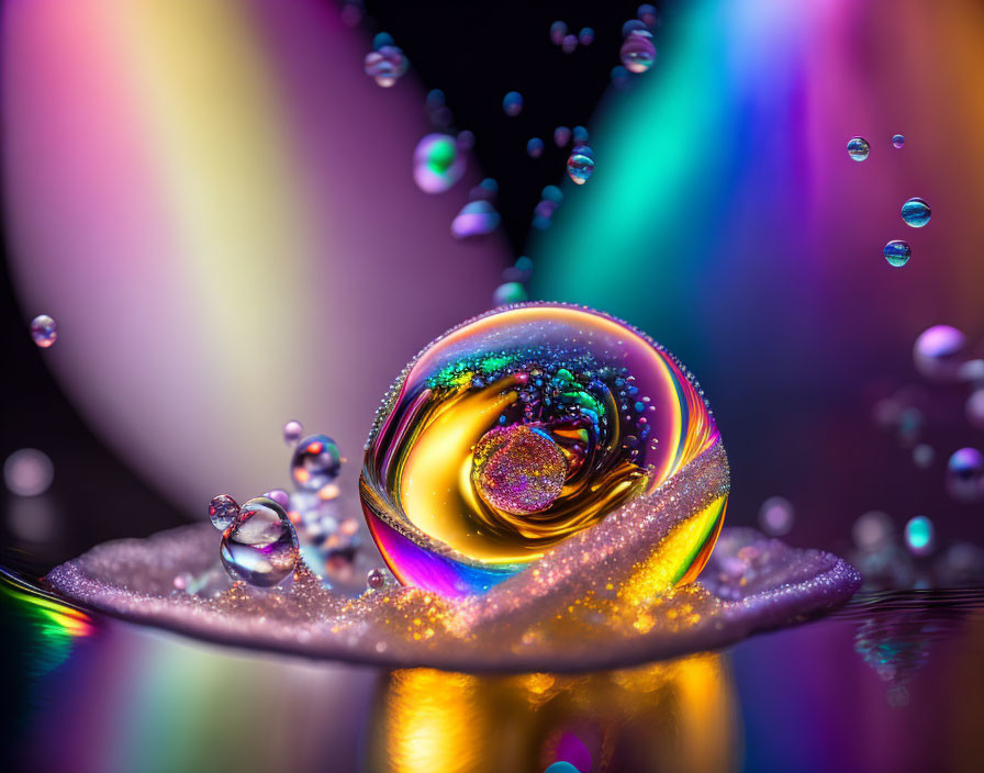 Colorful Water Droplets Macro Shot on Reflective Surface with Swirled Backdrop