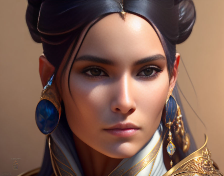 Detailed Fantasy Character Portrait with Ornate Earrings, Tiara, and Armor