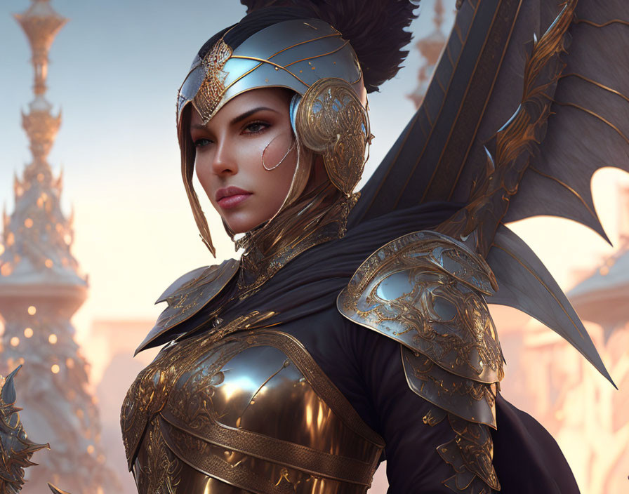 Warrior woman digital illustration in golden armor against architectural backdrop