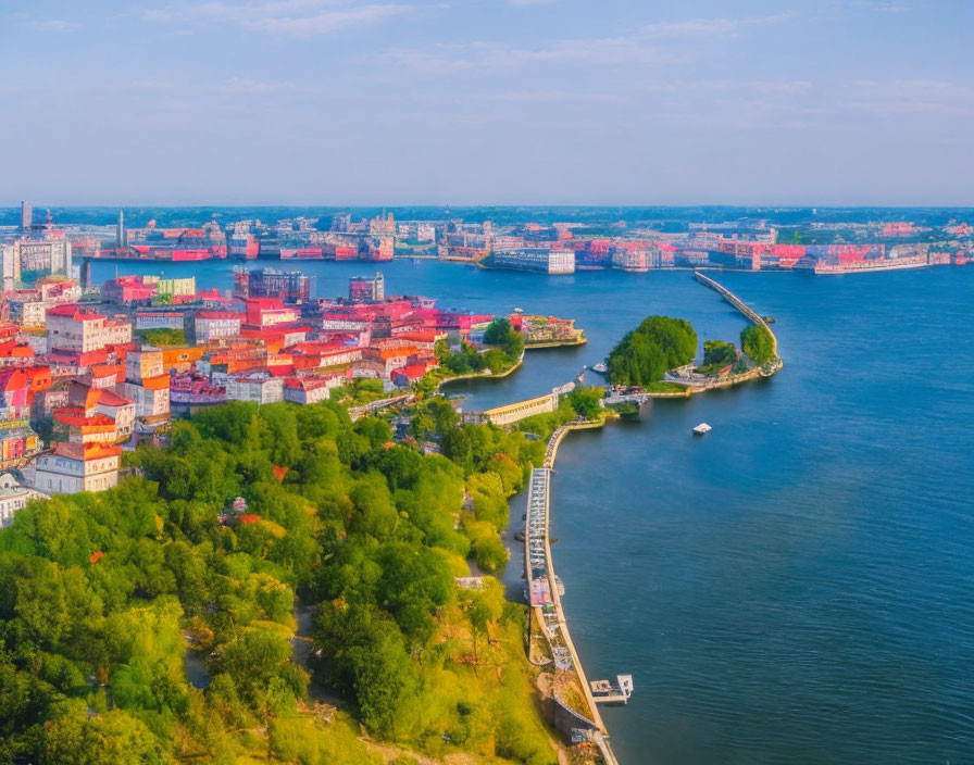 Vibrant Coastal City with Colorful Buildings and Docks