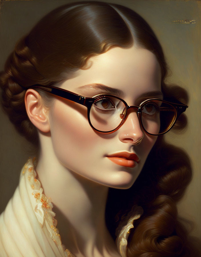 Portrait of a woman with brunette hair, vintage glasses, and off-white blouse