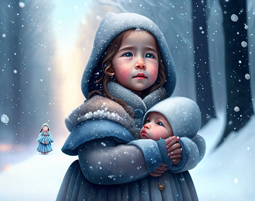 Young girl in blue cloak with doll in wintry forest scene