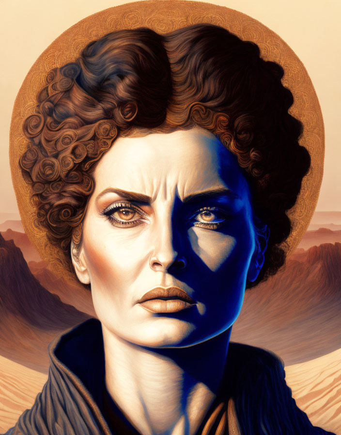 Portrait of stern woman with halo, curly hair, blue eyes in desert backdrop.