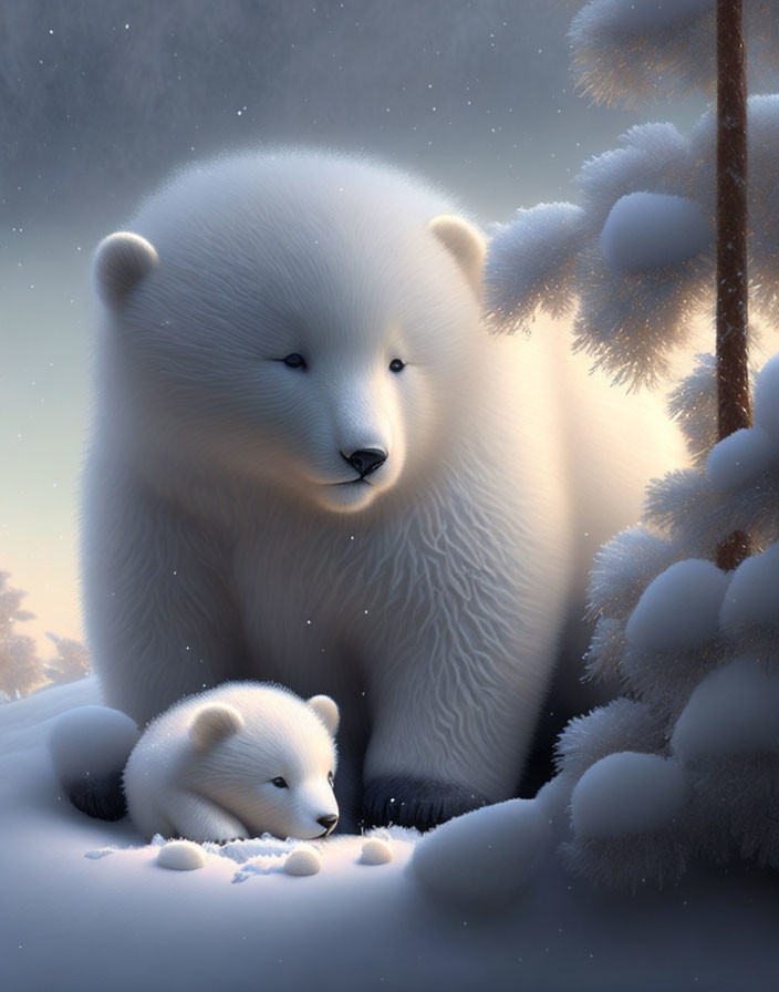 Polar bear and cub in snowy landscape at twilight