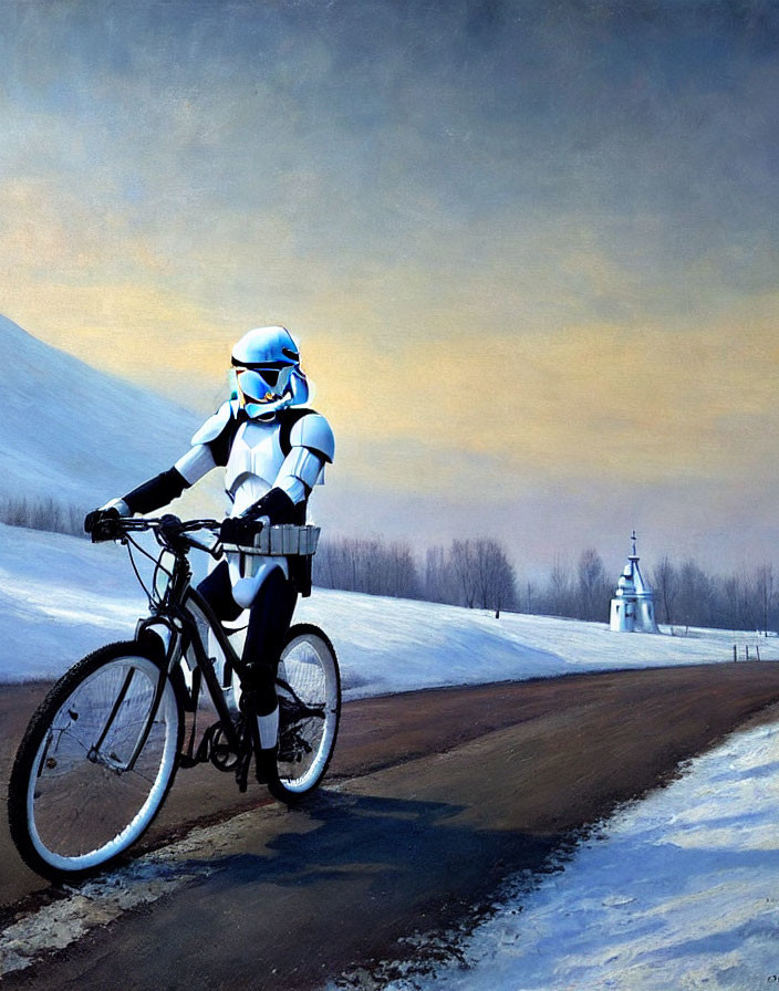 Sci-fi armored person mountain biking on snowy path with chapel in background