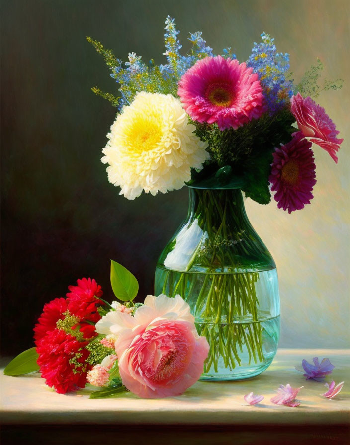 Colorful Still Life Painting of Mixed Flower Bouquet in Glass Vase