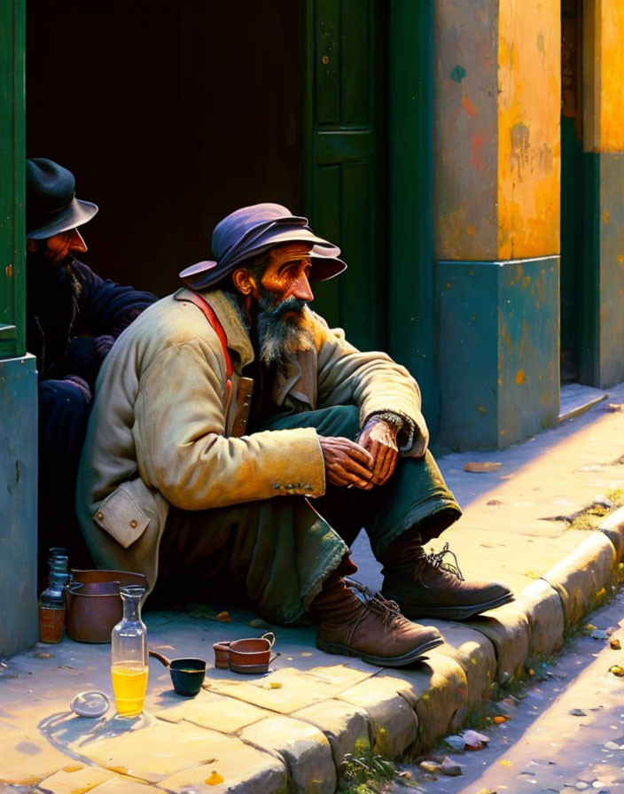 Bearded man in vintage clothing sitting on curb with glass and bottles nearby