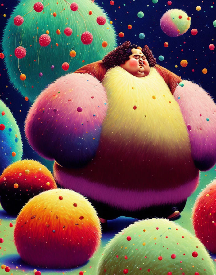 Vibrant illustration of rotund figure in dreamlike scene