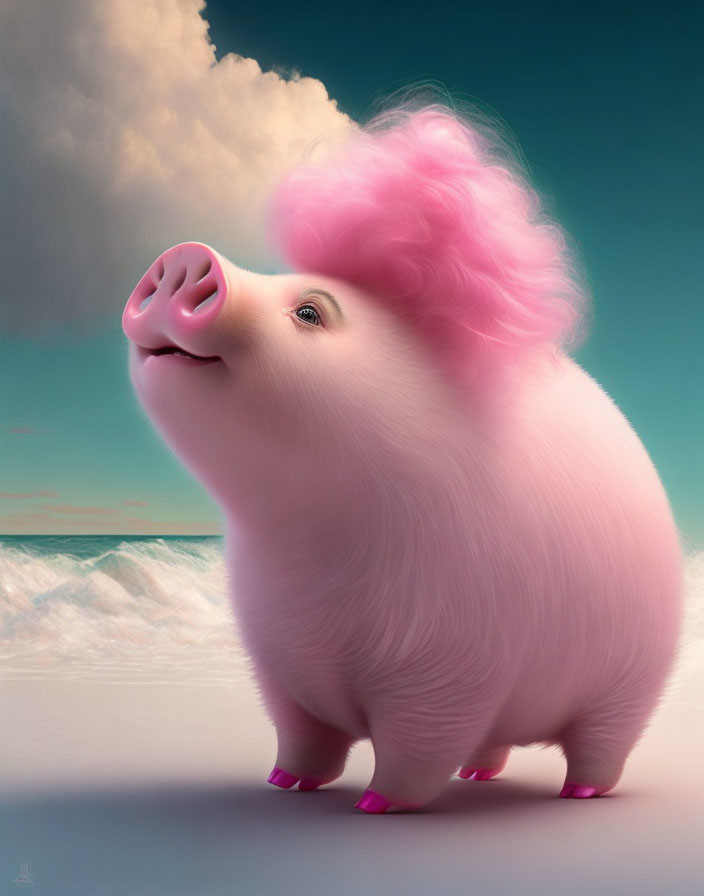 Pink pig with fluffy hair and pink toenails on sandy beach under cloudy sky