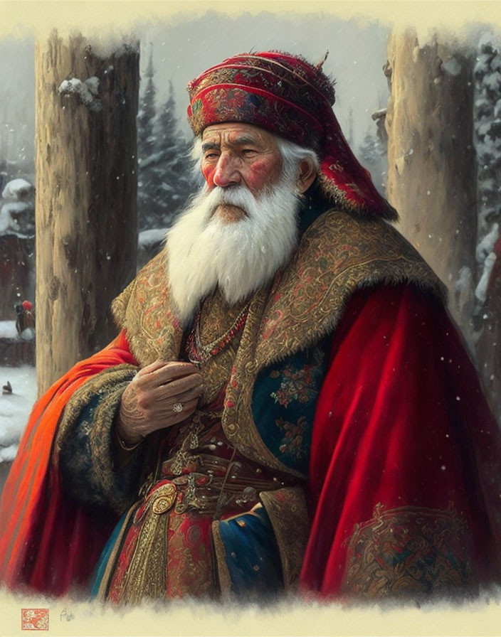 Elderly man in red and green traditional outfit in snowy forest