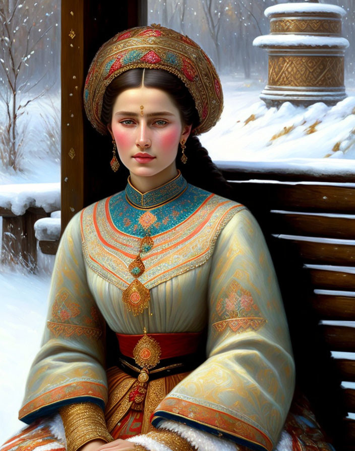 Digital painting: Woman in traditional attire with gold accents in snowy landscape