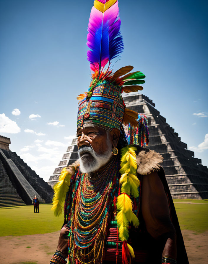 Traditional Indigenous Attire Man with Feather Headdress at Pyramid