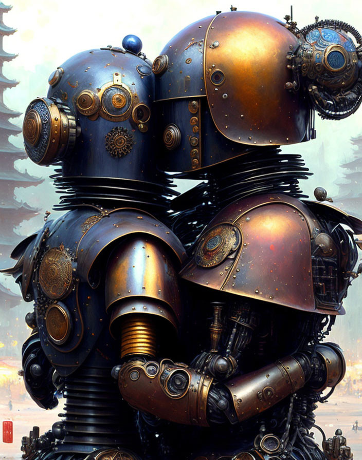 Intricately designed steampunk robots embrace with metallic bodies and gears.