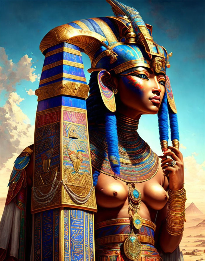 Egyptian queen in traditional headdress with pyramids in the background