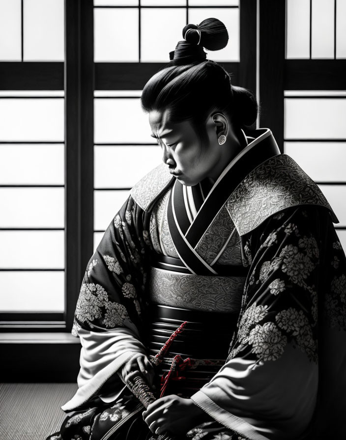 Traditional Japanese Kimono Wearer Holding Sword by Window