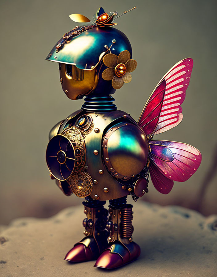 Steampunk-style robot with floral helmet and butterfly wing on intricate metallic body