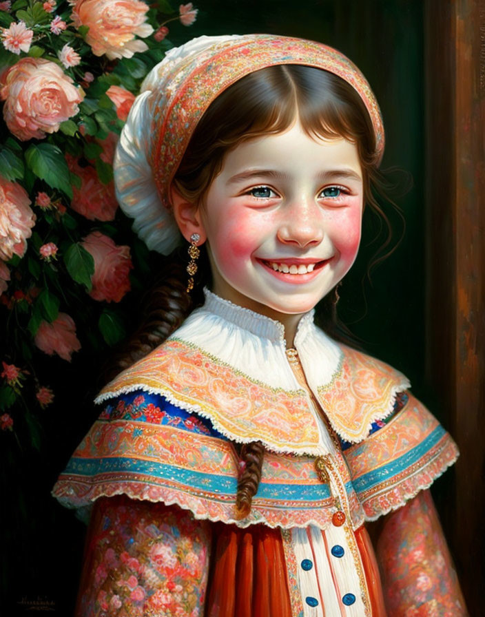 Smiling young girl in traditional dress with flower-patterned headscarf and pink roses