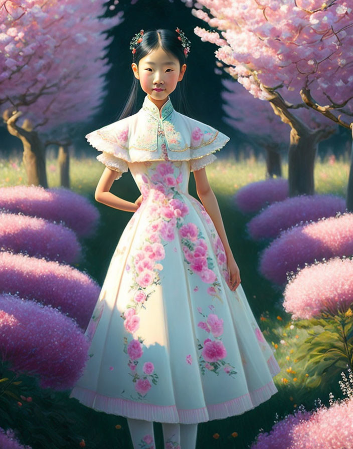 Traditional dress girl surrounded by blooming pink trees