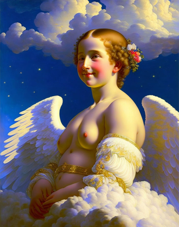 Figure with wings in clouds, serene face, exposed breasts, gold accents, and flowers