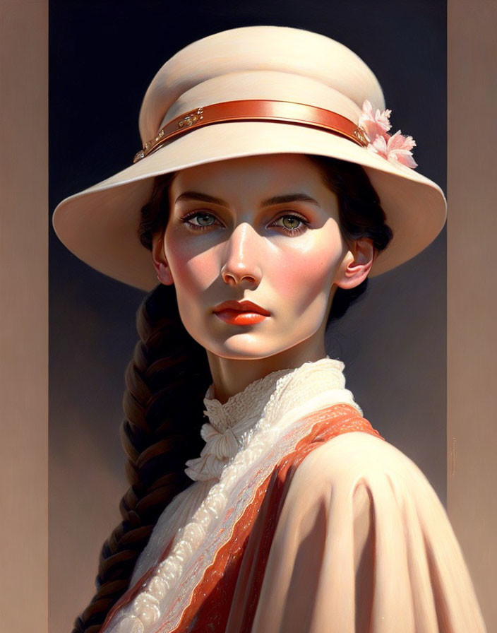 Digital painting of woman with braided hairstyle, wide-brimmed hat, and high-collared