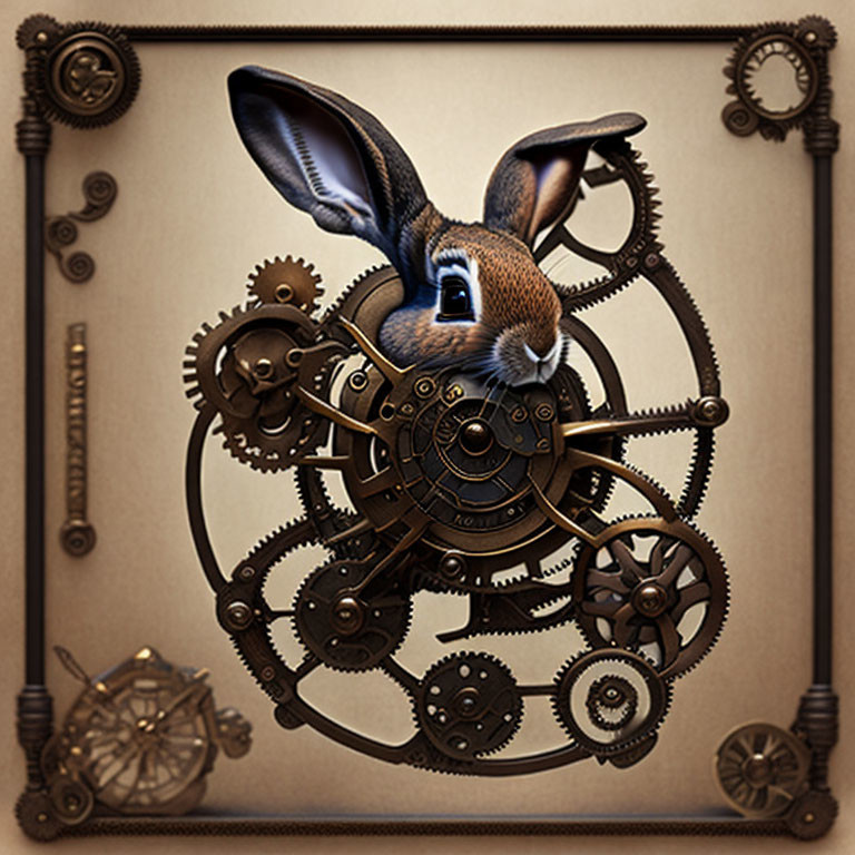 Steampunk-style artwork: Mechanical rabbit with gears and cogs on framed background