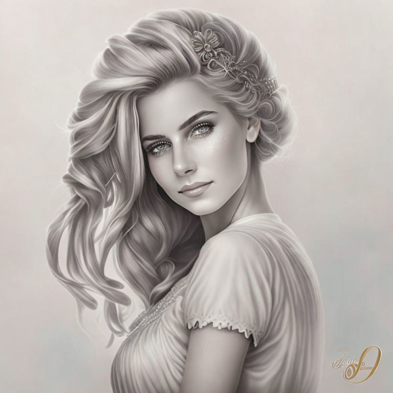 Monochrome illustration of woman with wavy hair and flower hairpiece