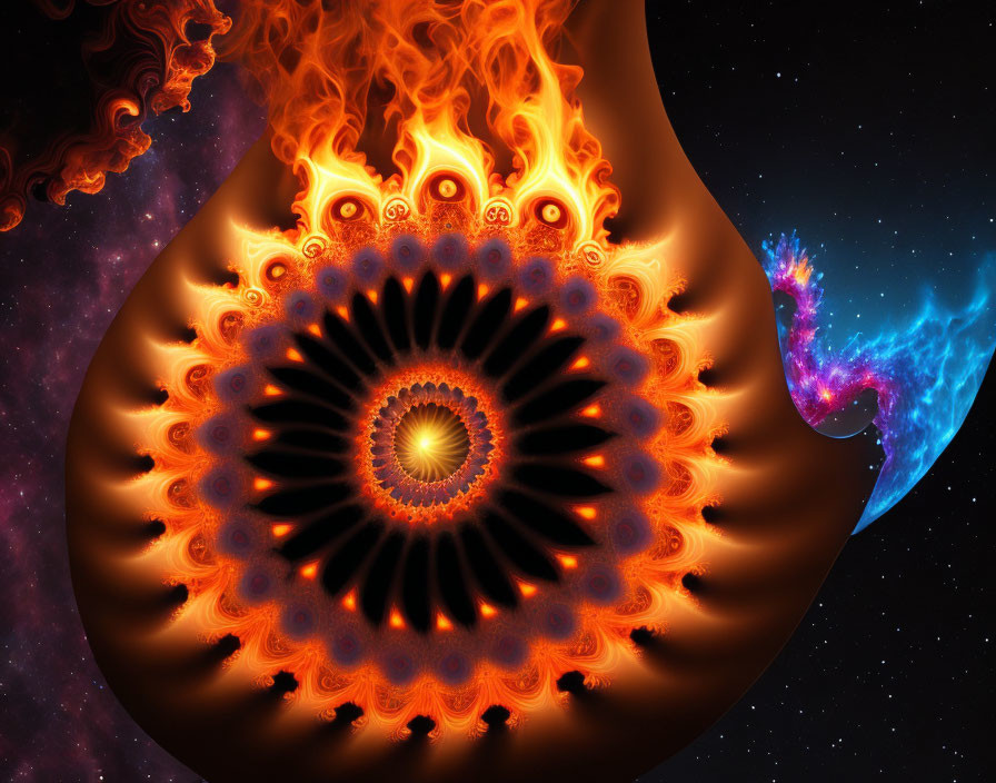 Fiery Orange Fractal Mandala on Cosmic Background