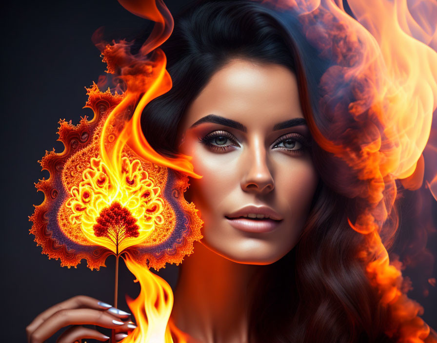 Striking-eyed woman with fiery fractal designs and wavy hair.