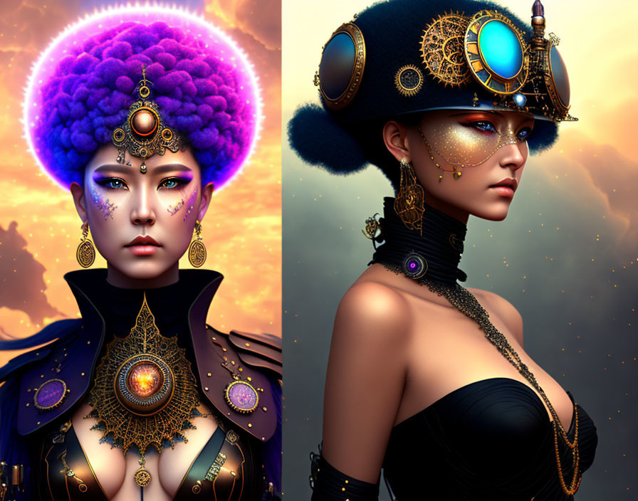 Women in elaborate headdresses and makeup: one with purple afro, gold adornments; other in