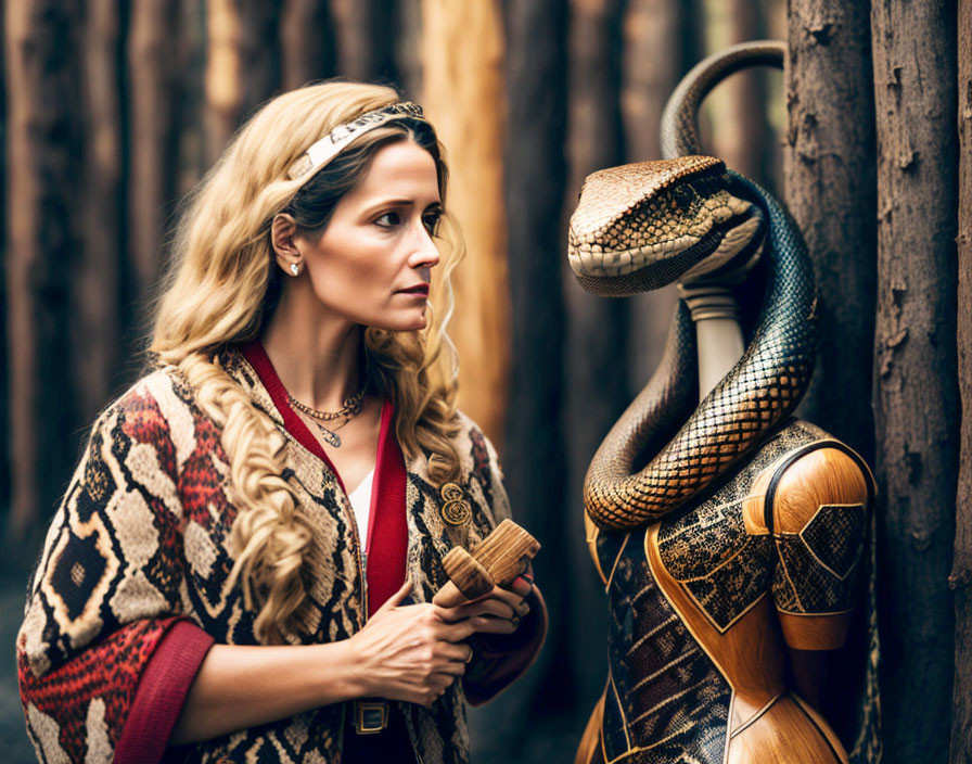 Woman in patterned shawl gazes at large wooden snake