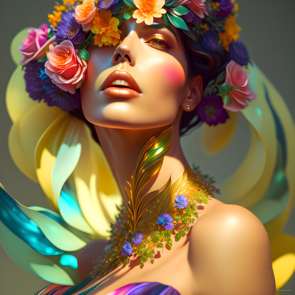 Colorful portrait of woman with floral wreath and feathers in soft-focus background