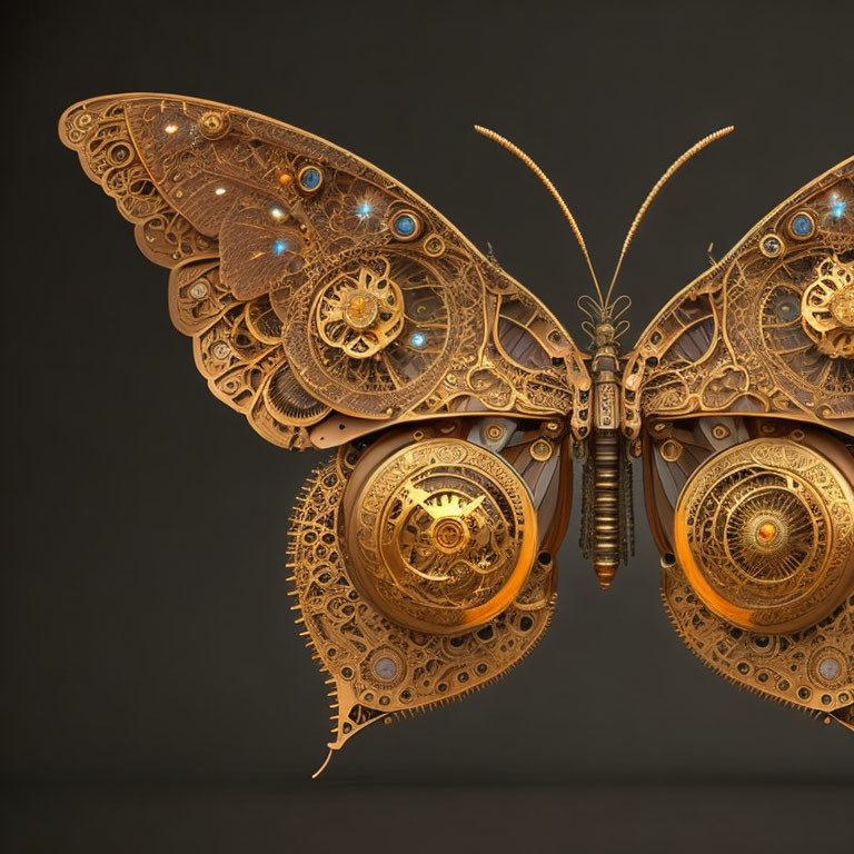 Steampunk-style mechanical butterfly with intricate gears and clockwork designs