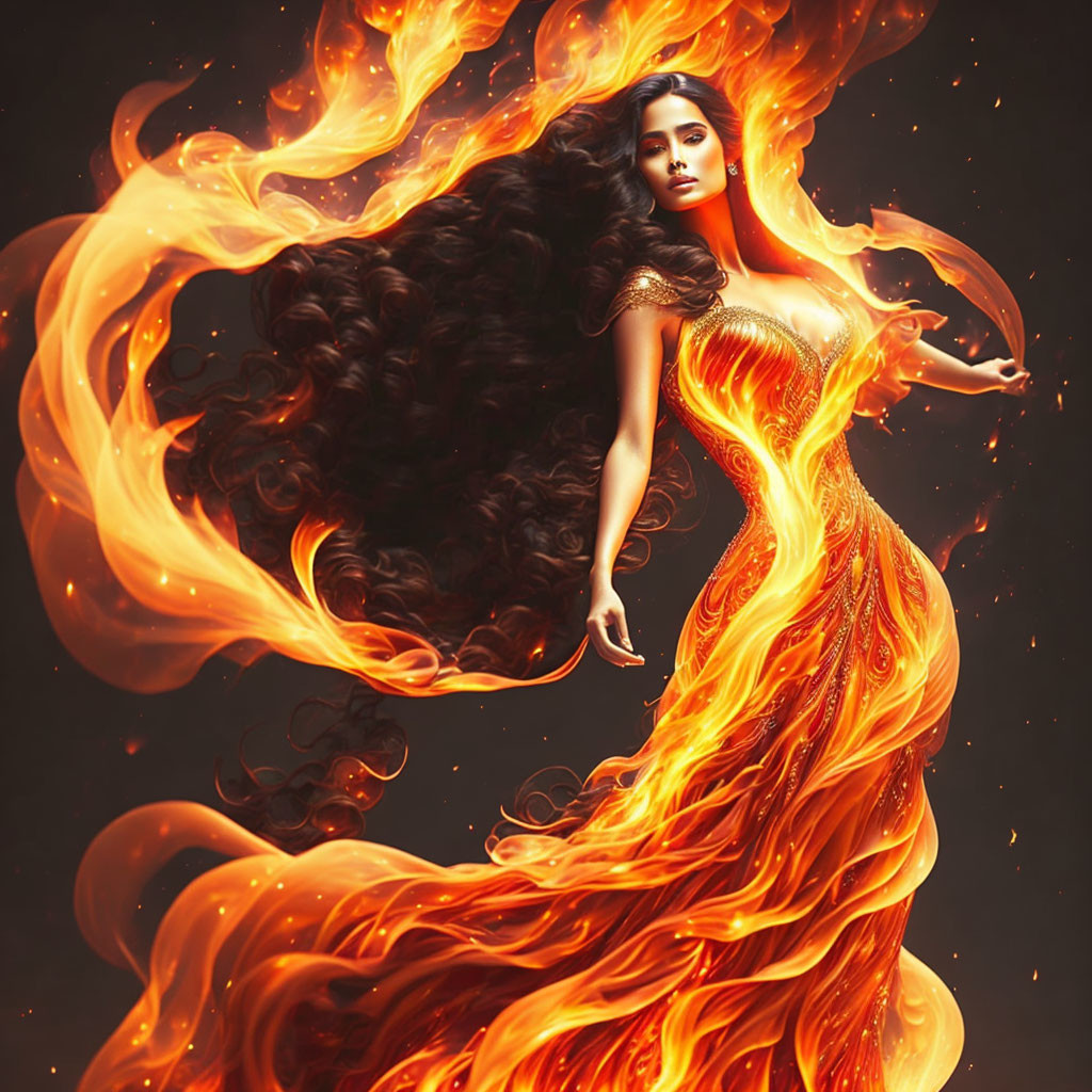 Woman in flowing orange dress blending into flames on dark background