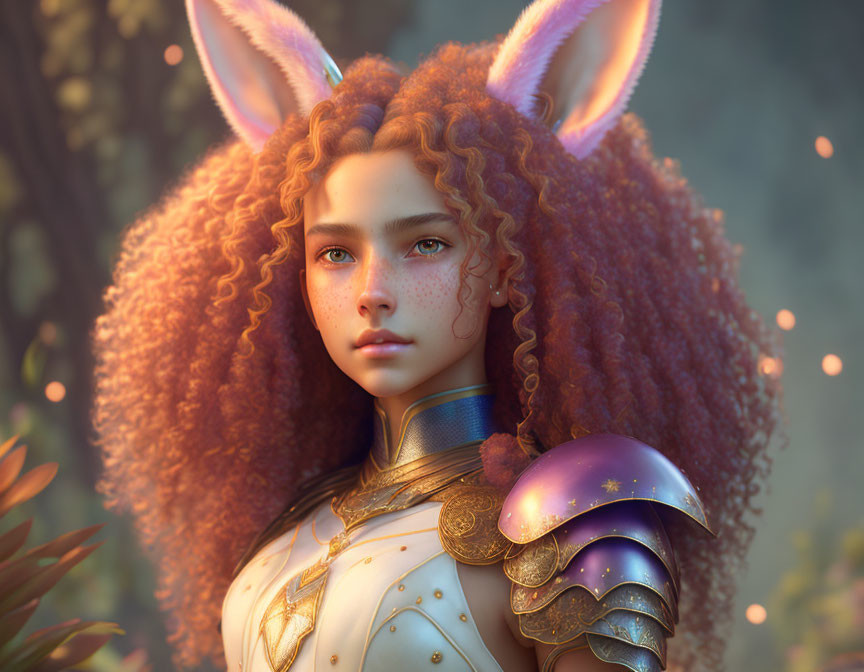 Digital portrait of character with rabbit ears, curly hair, freckles, and fantasy armor in glowing