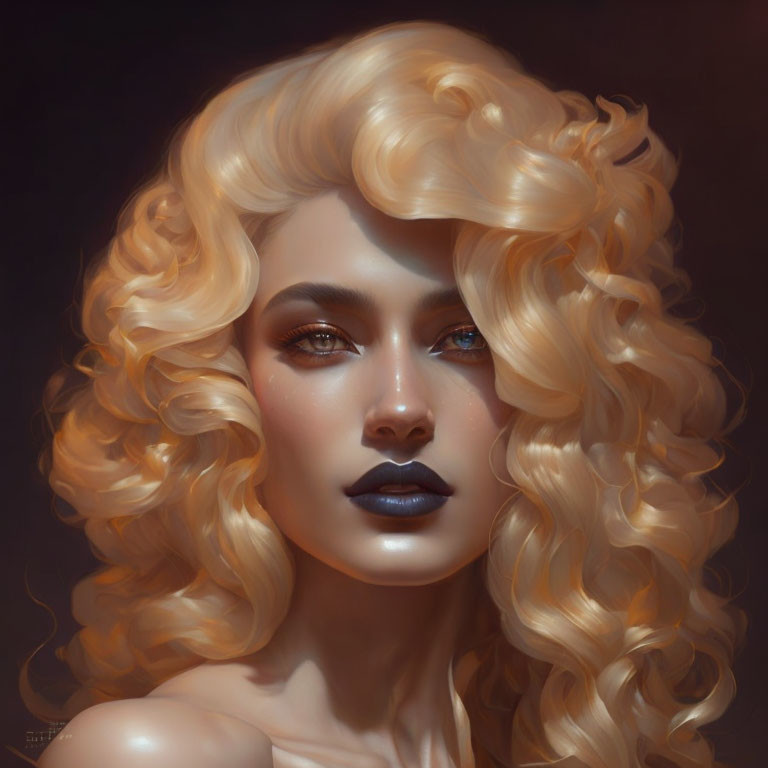 Blonde woman with curly hair and blue eyes portrait in dark setting