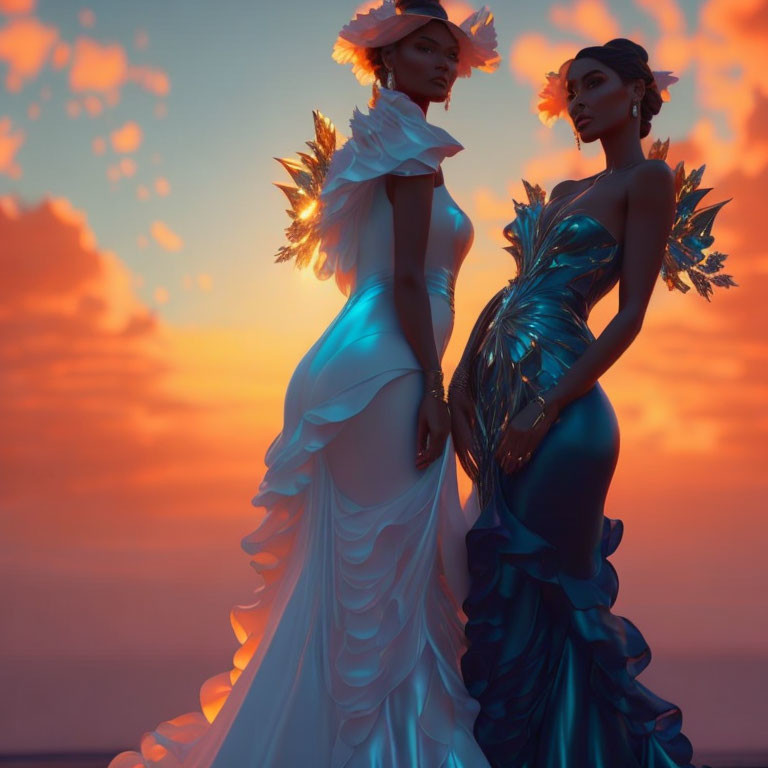 Two women in elegant gowns with feathered accents against a sunset sky.