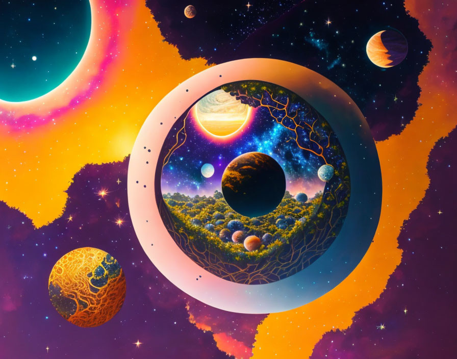 Colorful surreal space scene with planets, stars, nebula, and tree-filled world.