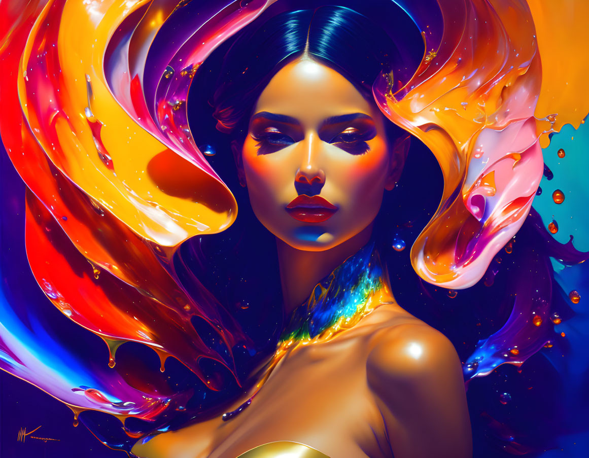 Abstract digital artwork: Woman surrounded by vibrant, liquid swirls