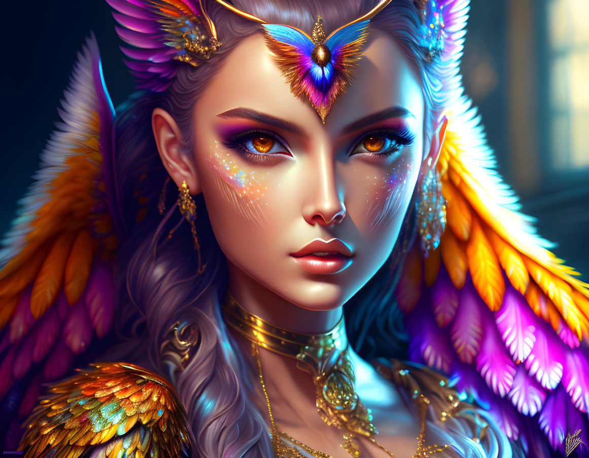 Fantastical portrait of woman with feline features and feathered wings.