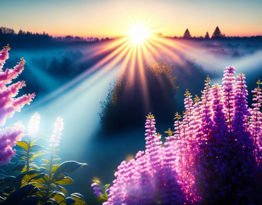 Purple Flowers in Misty Sunrise Forest Landscape