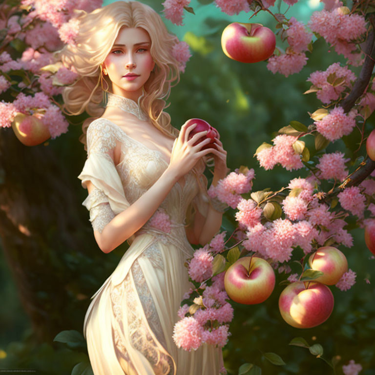 Woman with blonde hair in cream dress among pink blossoms and apples in sunlit garden