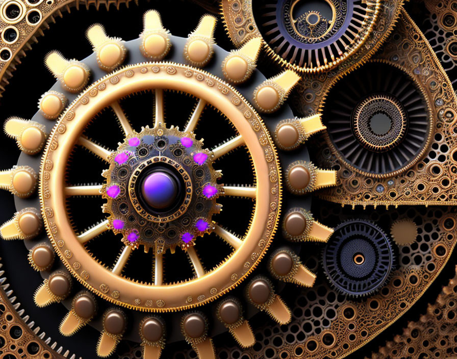 Steampunk-inspired image: Intricate bronze gears and cogs with glowing purple accents