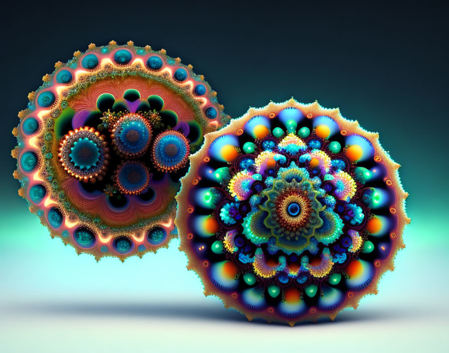 Colorful 3D fractal shapes with intricate patterns on teal background