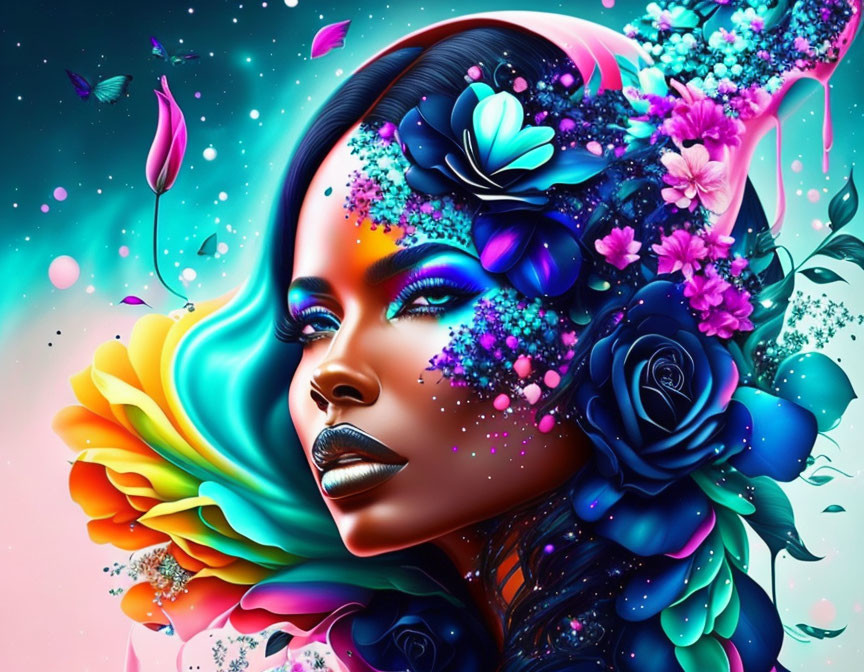 Colorful Floral and Abstract Digital Artwork of Woman's Face